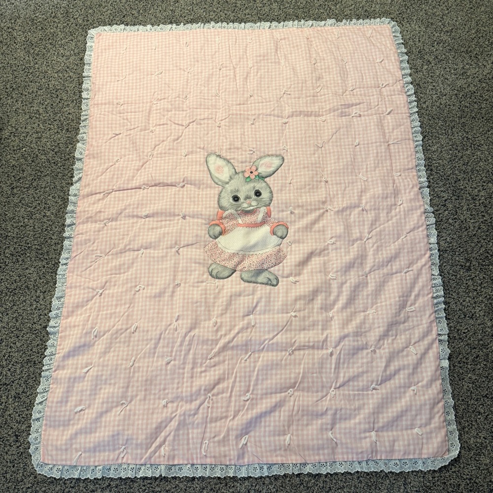 Vintage Pink Gingham Bunny Rabbit Baby Quilt‎ Eyelet Lace Trim Hand Tied Blanket